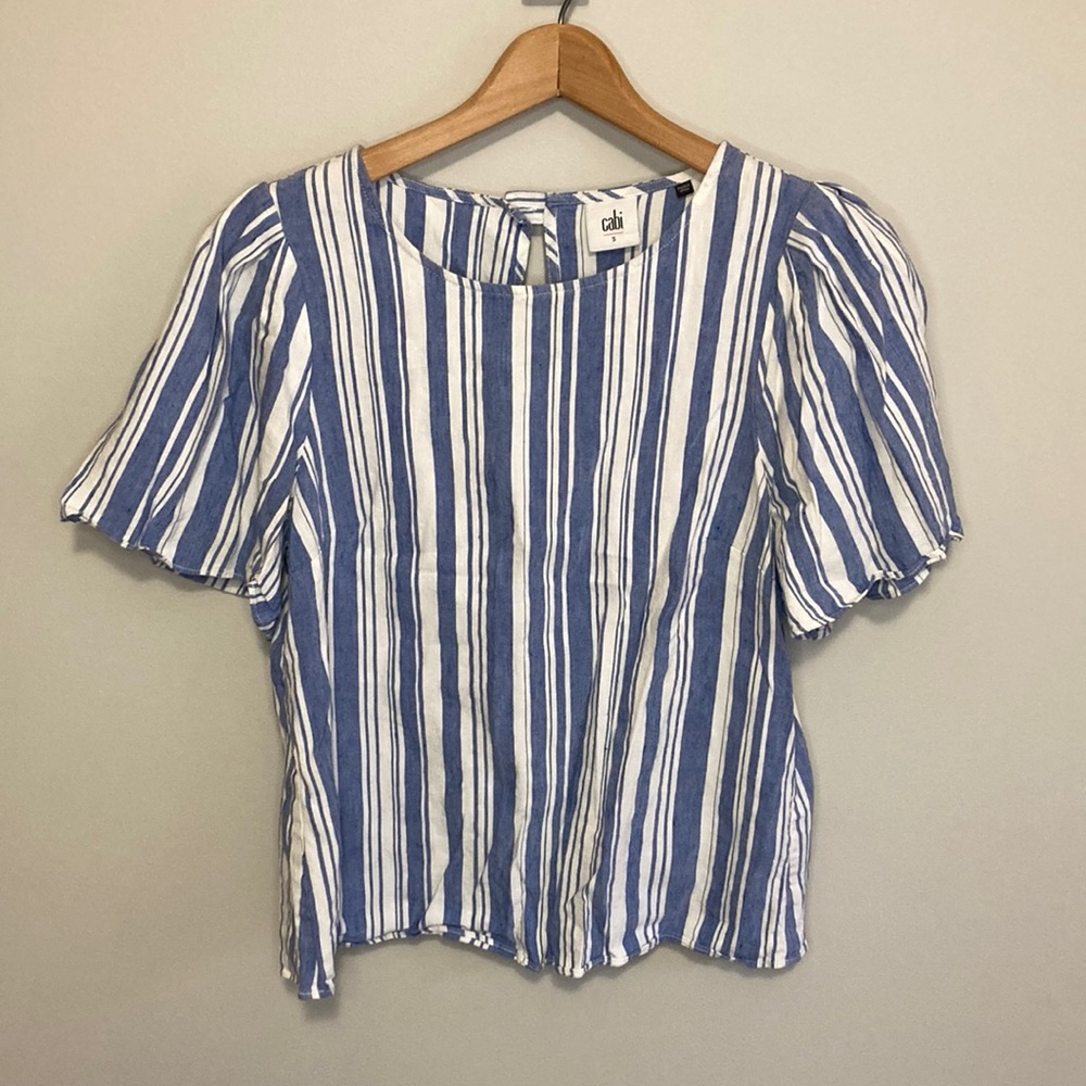 CAbi wing top, blue and white striped shirt sleeve blouse size small linen